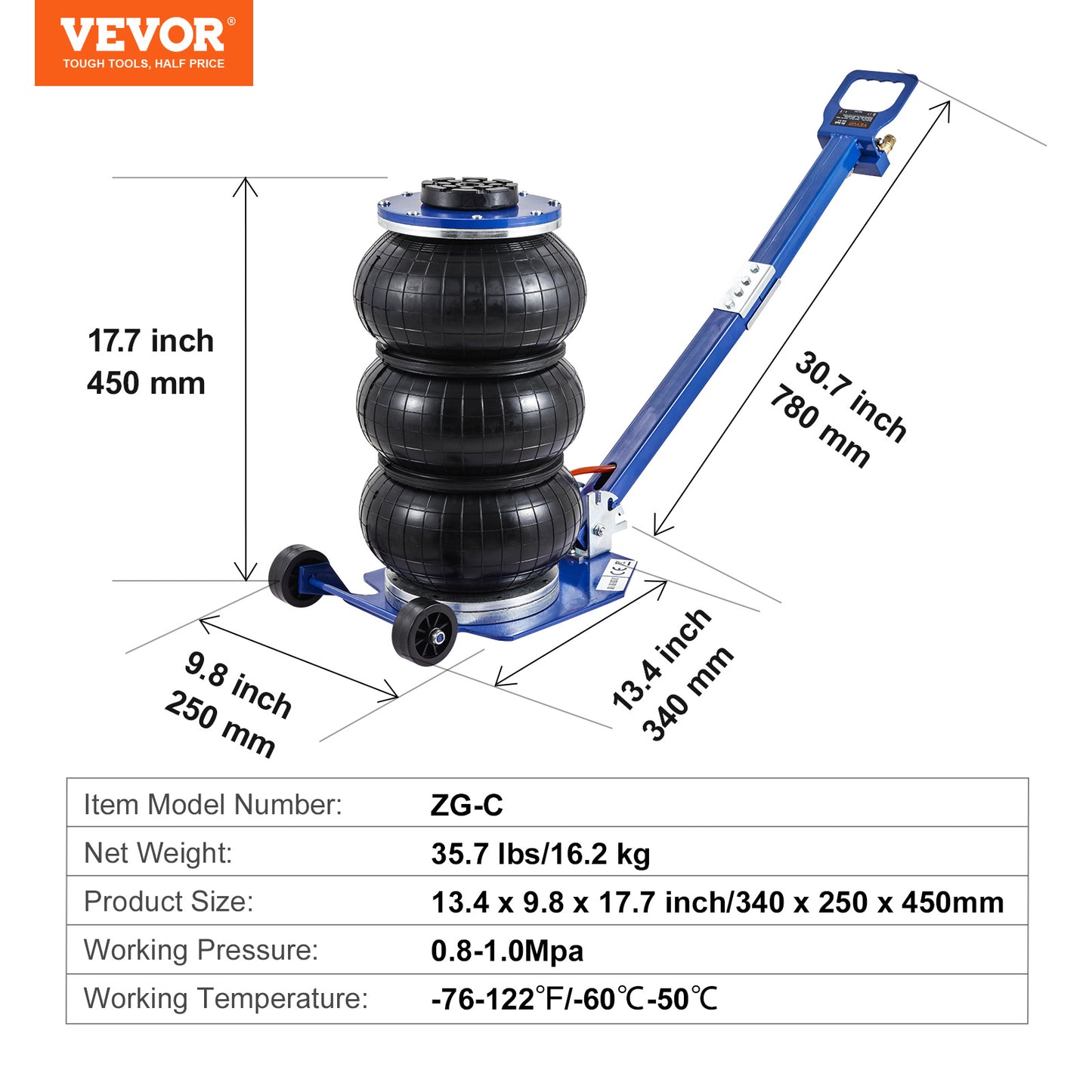 VEVOR Air Jack, 3 Ton 6600 Lbs Triple Bag Air Jack, Airbag Jack With Six Steel Pipes, Lift Up, 3-5 S Fast Lifting Pneumatic Jack, With Adjustable Long Handles For Cars, Garages, Repair Blue